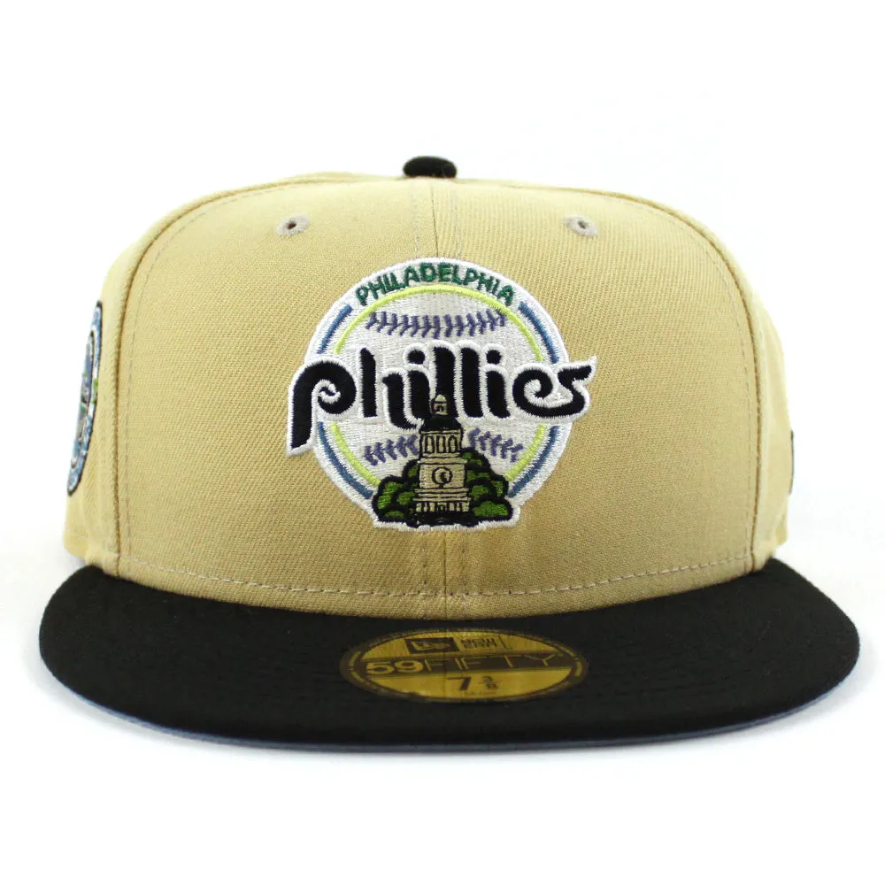 Philadelphia Phillies Veterans Stadium 59Fifty New Era Fitted Hat (VEGAS GOLD BLACK BIRDSEYE BLUE Under Brim)
