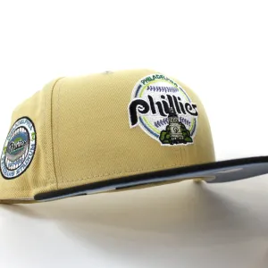 Philadelphia Phillies Veterans Stadium 59Fifty New Era Fitted Hat (VEGAS GOLD BLACK BIRDSEYE BLUE Under Brim)
