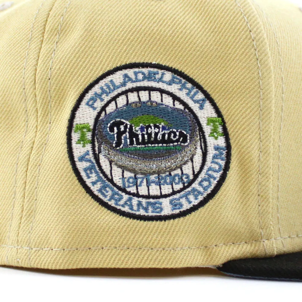 Philadelphia Phillies Veterans Stadium 59Fifty New Era Fitted Hat (VEGAS GOLD BLACK BIRDSEYE BLUE Under Brim)