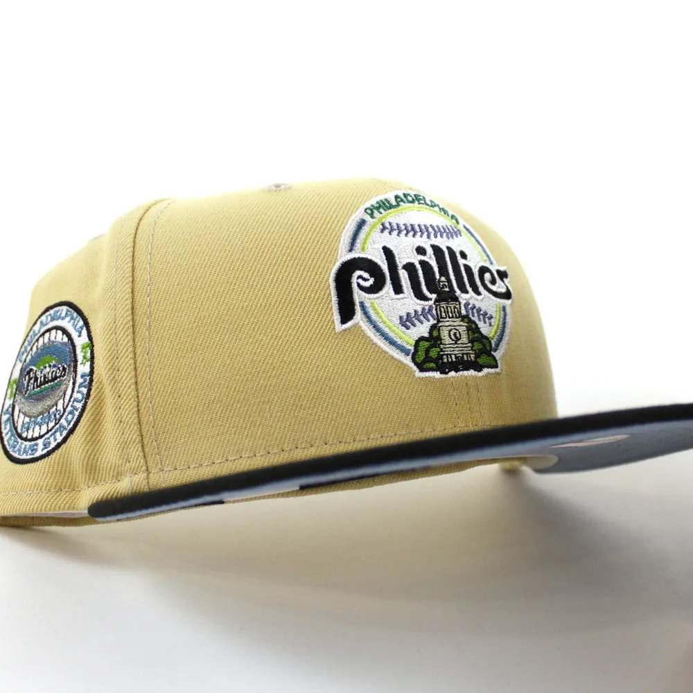 Philadelphia Phillies Veterans Stadium 59Fifty New Era Fitted Hat (VEGAS GOLD BLACK BIRDSEYE BLUE Under Brim)