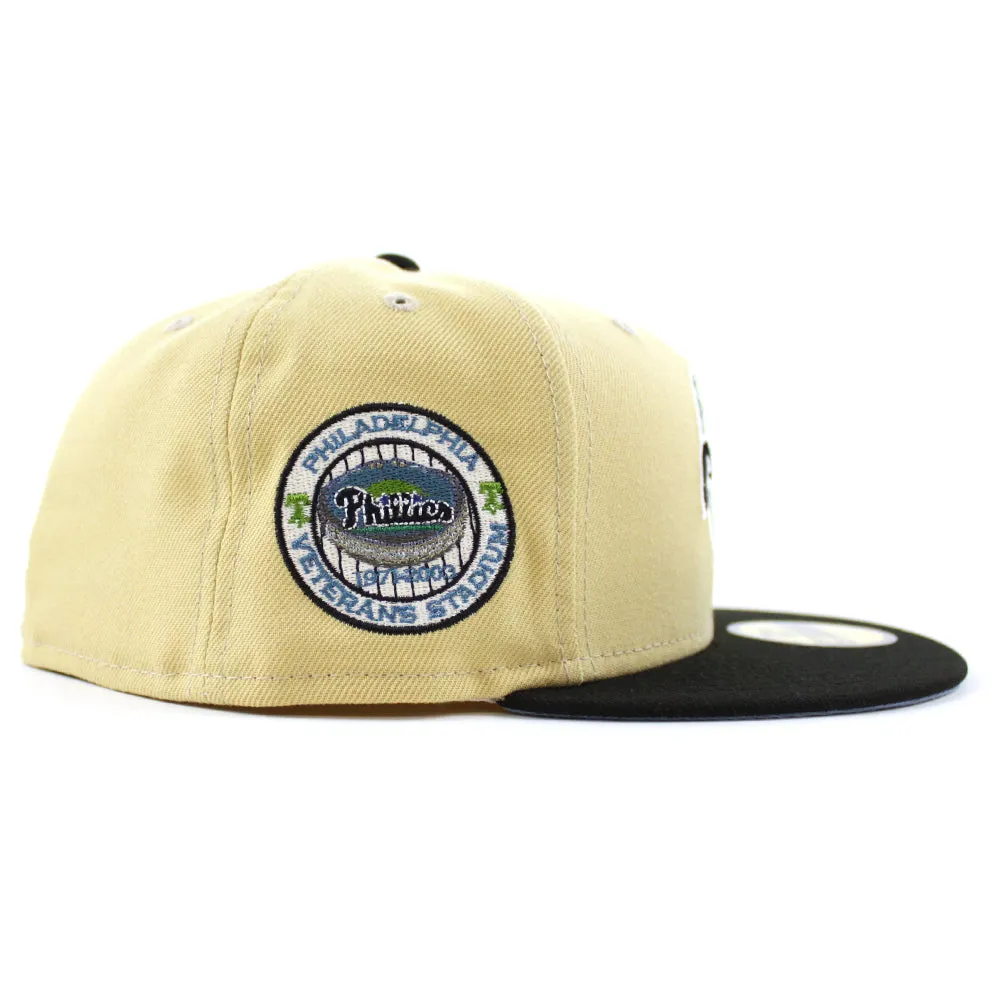Philadelphia Phillies Veterans Stadium 59Fifty New Era Fitted Hat (VEGAS GOLD BLACK BIRDSEYE BLUE Under Brim)