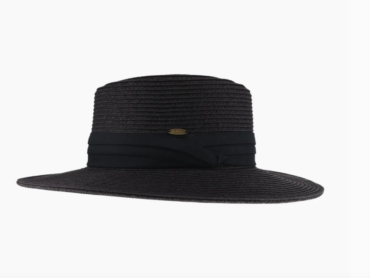 Pleated Trim Wide Brim C.C Boater Hat -Black