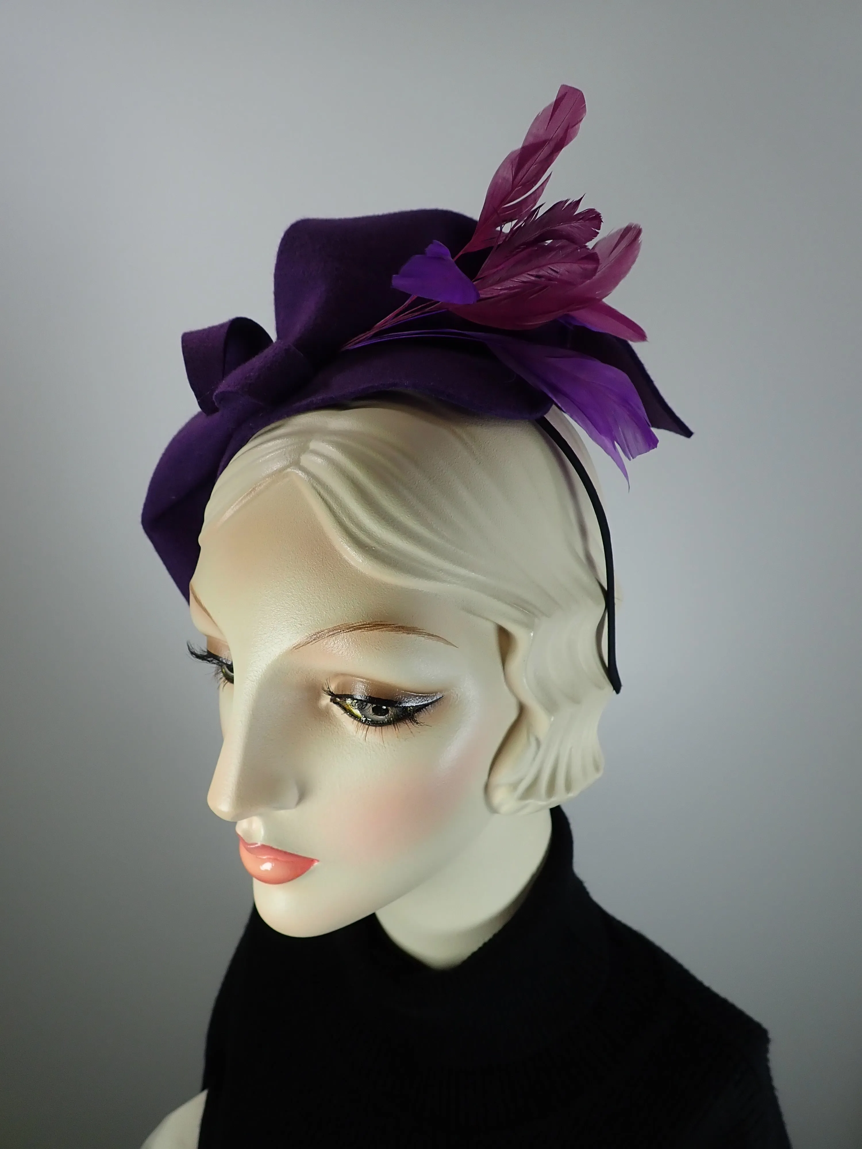Purple Felt hat. Free form Purple Felt fascinator. Hand Sculpted Fascinator. Winter statement hat.