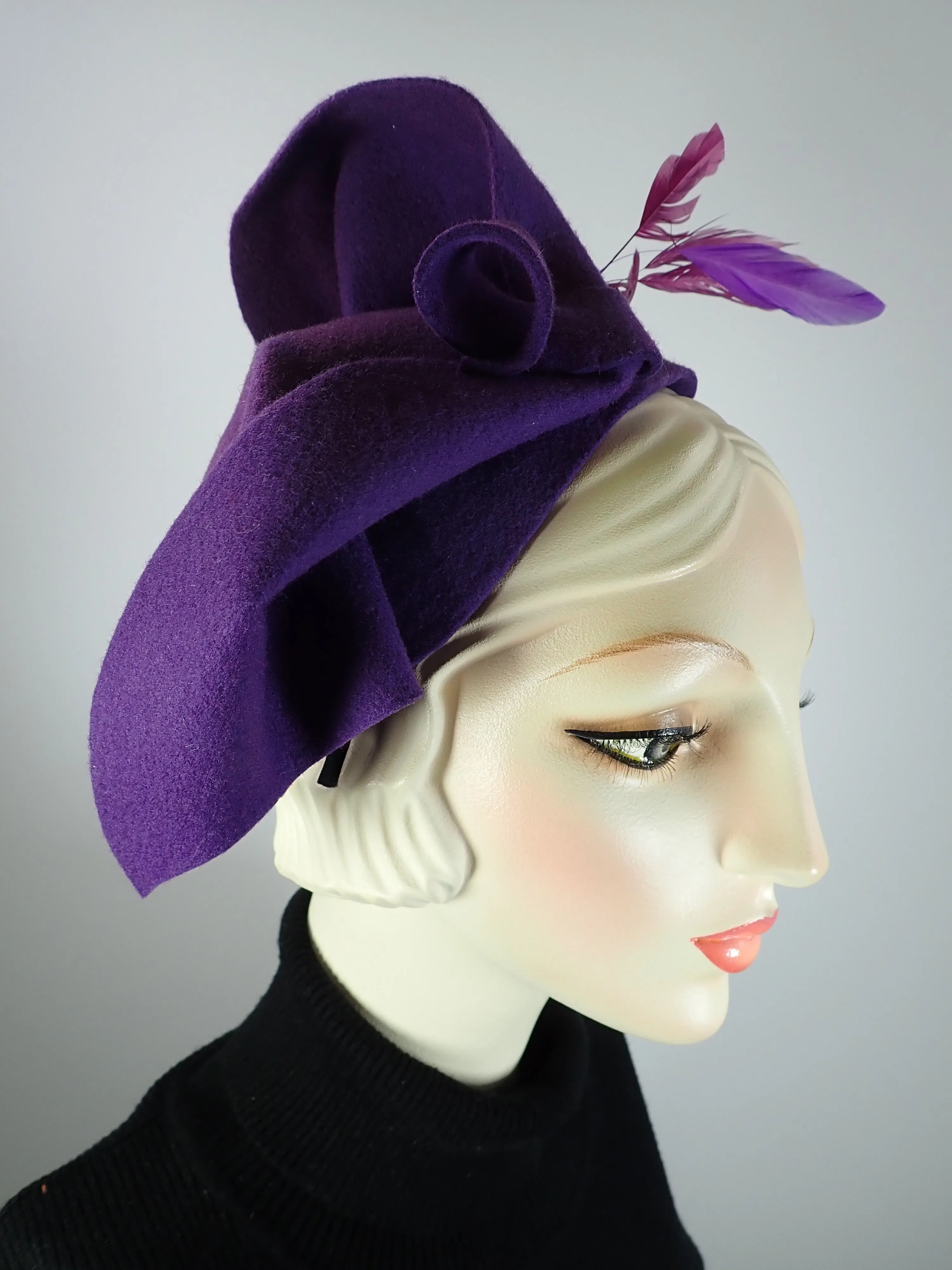 Purple Felt hat. Free form Purple Felt fascinator. Hand Sculpted Fascinator. Winter statement hat.