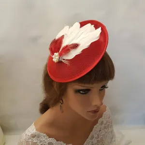 Red & White Feather Fascinator 40s 50 RED Hat Race Cocktail.Ascot. wedding headpiece