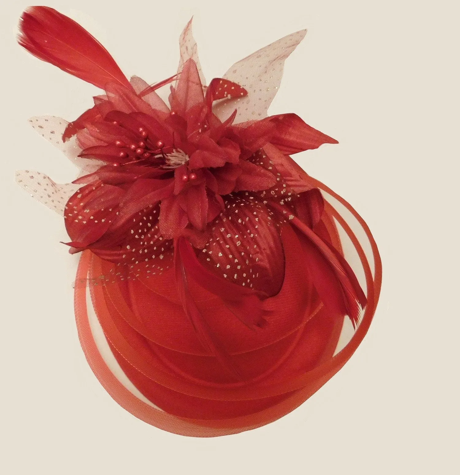 RED Fascinator Hat with Feathrs Wedding Ascot Raes Hat