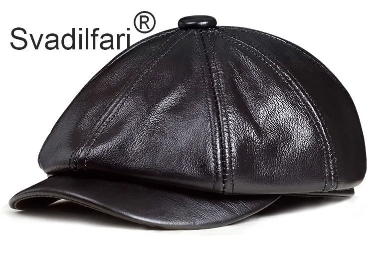 Retro Octagonal Genuine Leather Hat Autumn Men's Cowhide Leather Beret Elegant Fashion Student Tongue Cap Snapback Caps For Men