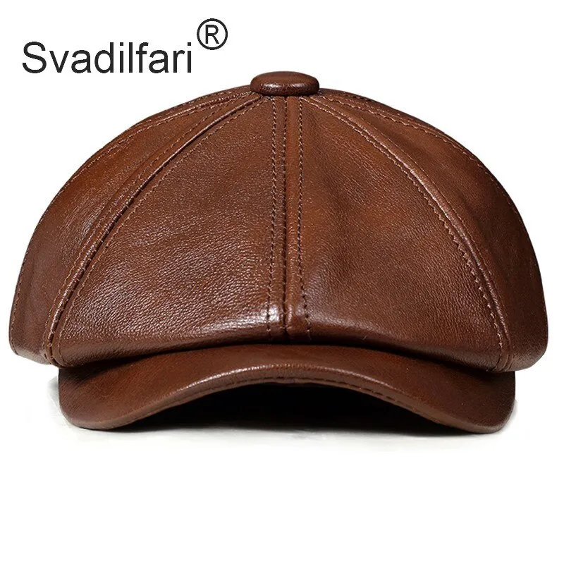 Retro Octagonal Genuine Leather Hat Autumn Men's Cowhide Leather Beret Elegant Fashion Student Tongue Cap Snapback Caps For Men