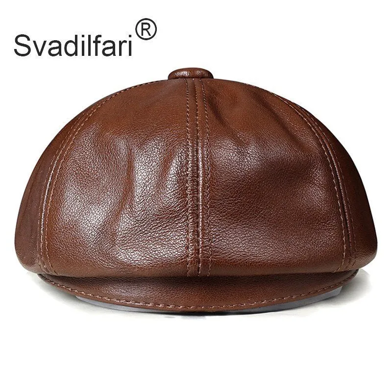 Retro Octagonal Genuine Leather Hat Autumn Men's Cowhide Leather Beret Elegant Fashion Student Tongue Cap Snapback Caps For Men