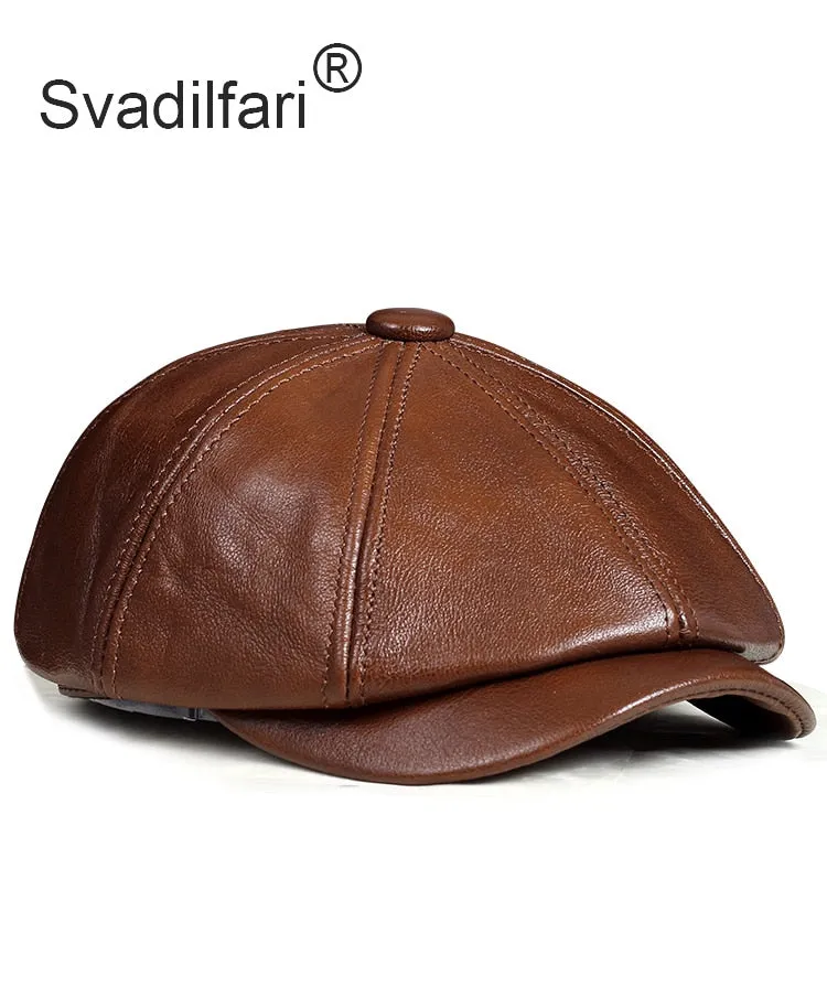 Retro Octagonal Genuine Leather Hat Autumn Men's Cowhide Leather Beret Elegant Fashion Student Tongue Cap Snapback Caps For Men
