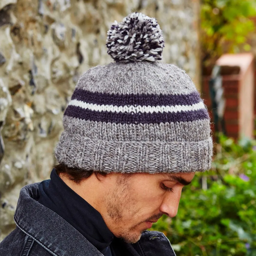 Retro Stripe Grey Bobble Beanie