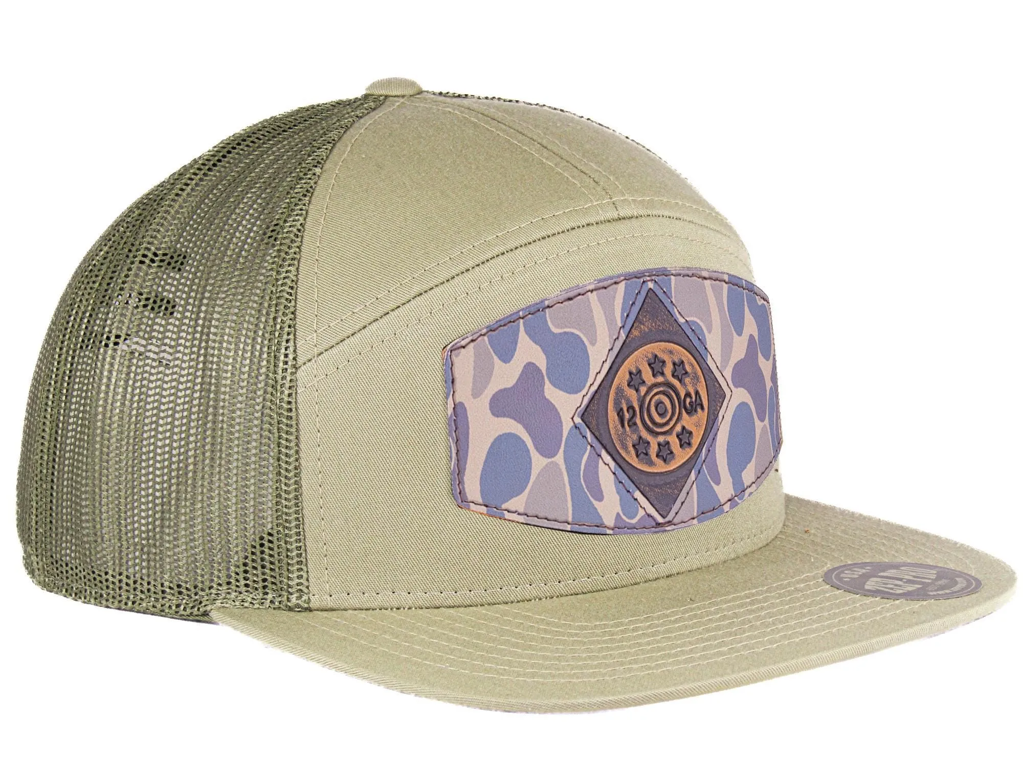 Shot Shell Old School Camo Brown Leather Patch Hat. 7-Panel Modern Flat Bill Cap. Richardson 168 Snapback Hat. Hand Burnished Leather Patch.