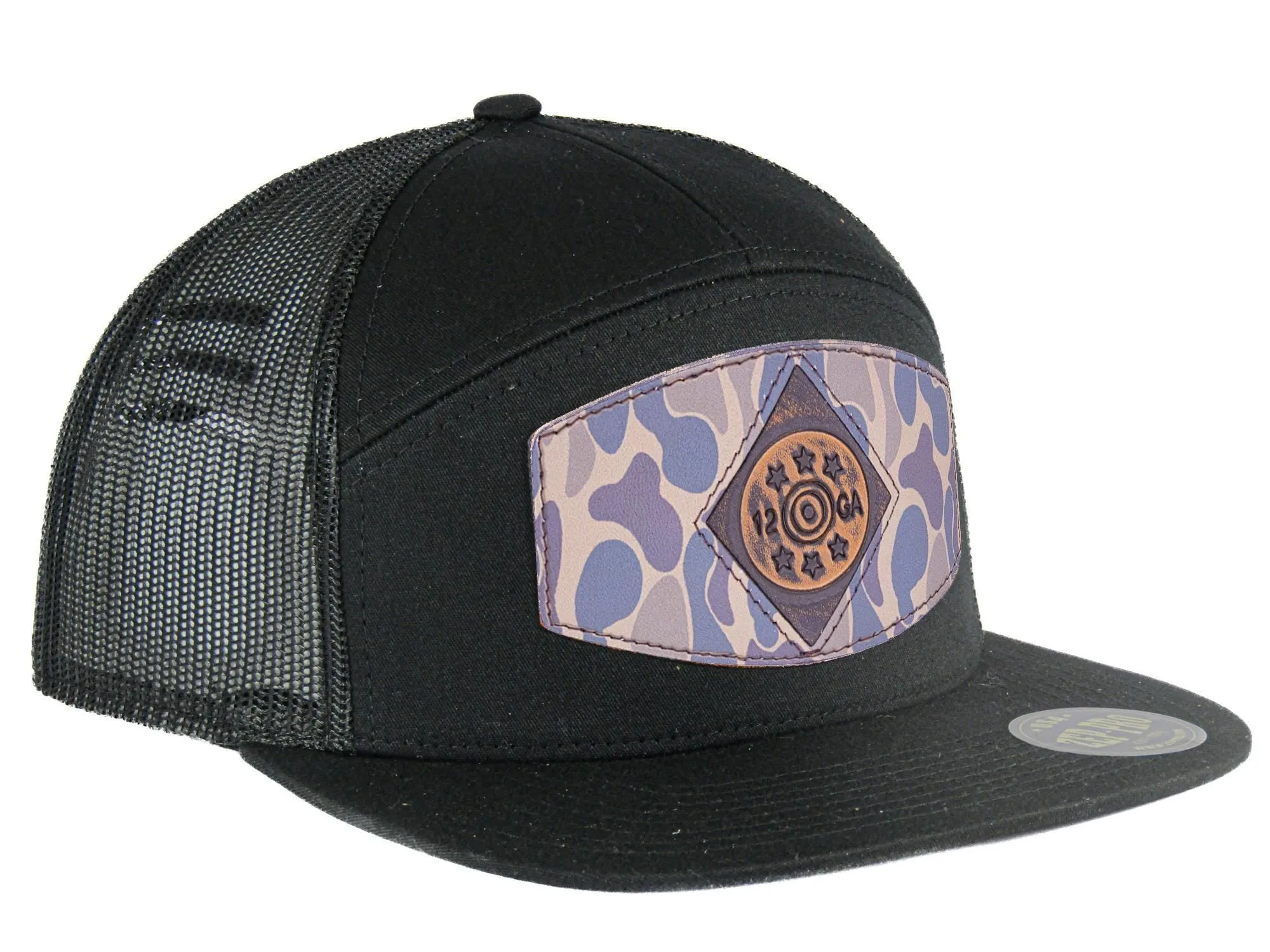 Shot Shell Old School Camo Brown Leather Patch Hat. 7-Panel Modern Flat Bill Cap. Richardson 168 Snapback Hat. Hand Burnished Leather Patch.