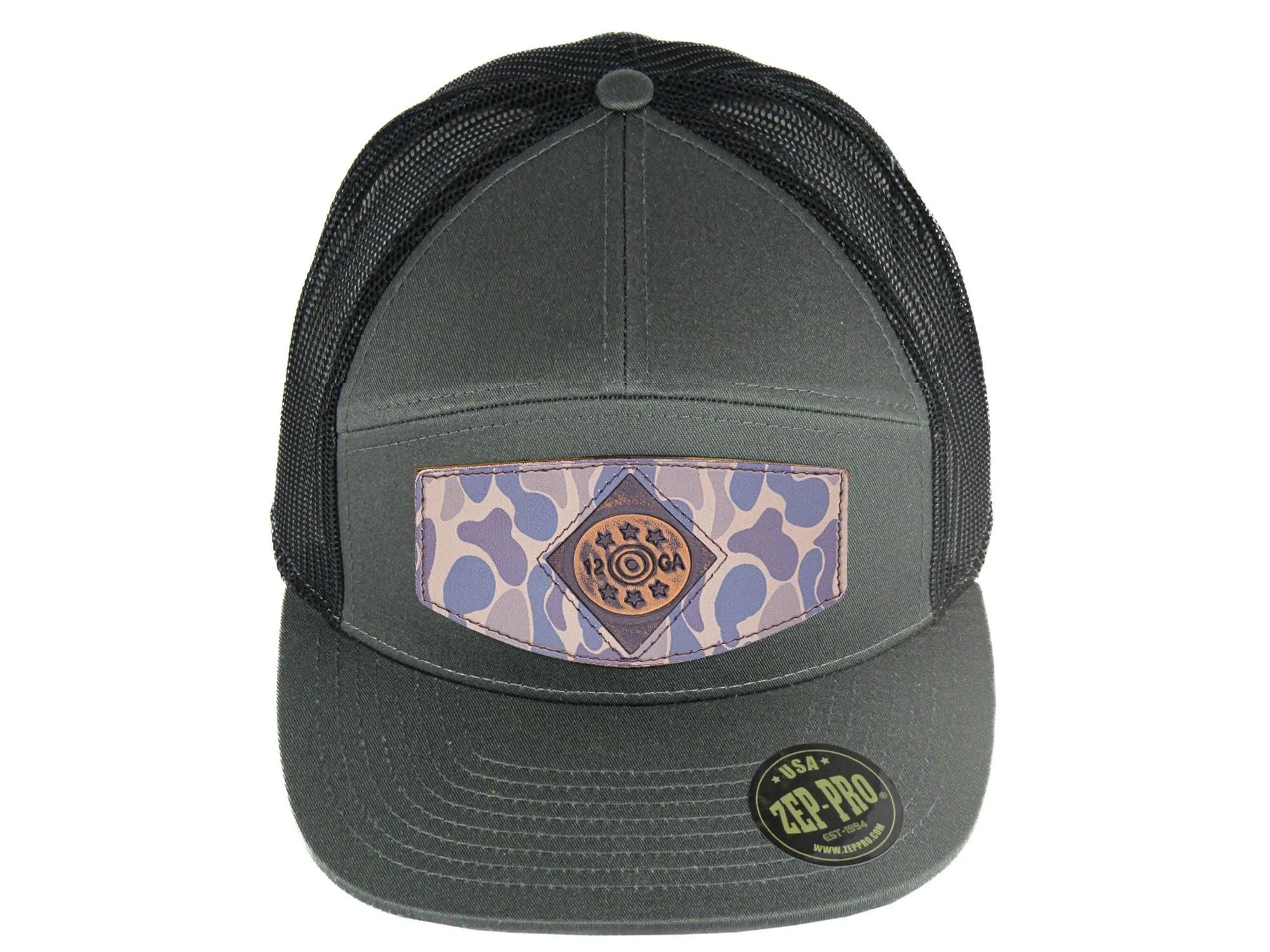 Shot Shell Old School Camo Brown Leather Patch Hat. 7-Panel Modern Flat Bill Cap. Richardson 168 Snapback Hat. Hand Burnished Leather Patch.