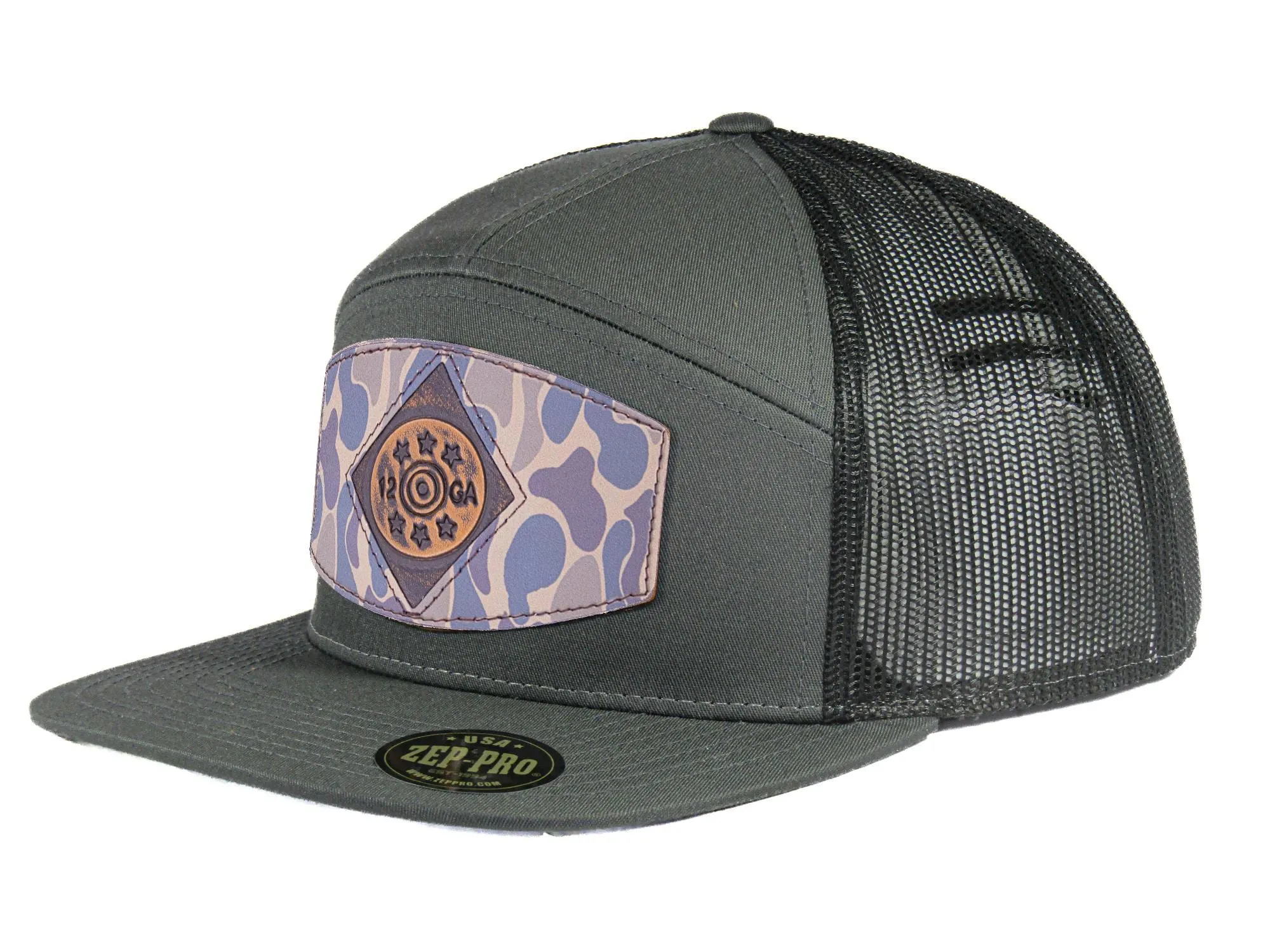 Shot Shell Old School Camo Brown Leather Patch Hat. 7-Panel Modern Flat Bill Cap. Richardson 168 Snapback Hat. Hand Burnished Leather Patch.