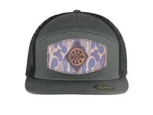 Shot Shell Old School Camo Brown Leather Patch Hat. 7-Panel Modern Flat Bill Cap. Richardson 168 Snapback Hat. Hand Burnished Leather Patch.
