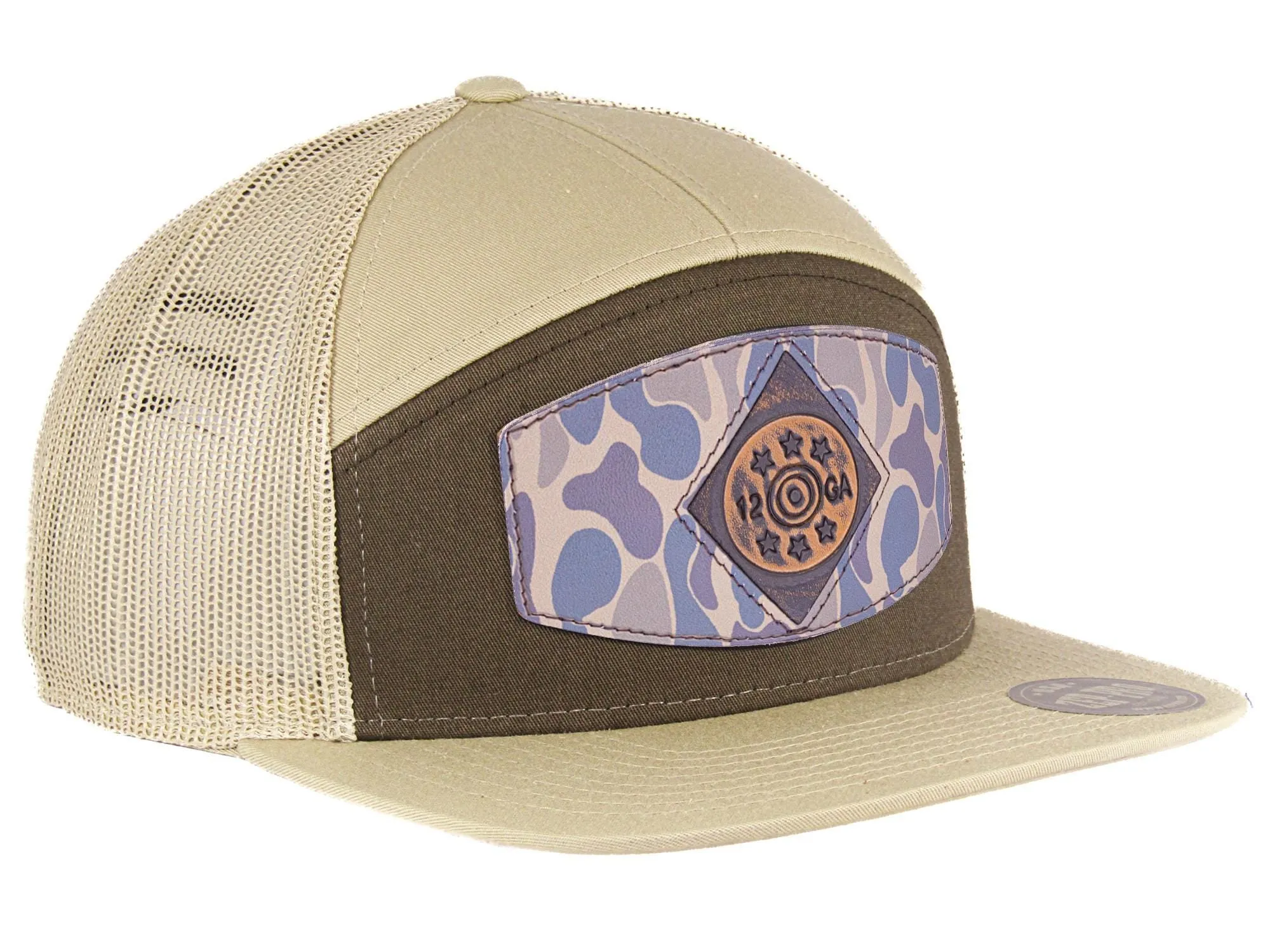 Shot Shell Old School Camo Brown Leather Patch Hat. 7-Panel Modern Flat Bill Cap. Richardson 168 Snapback Hat. Hand Burnished Leather Patch.