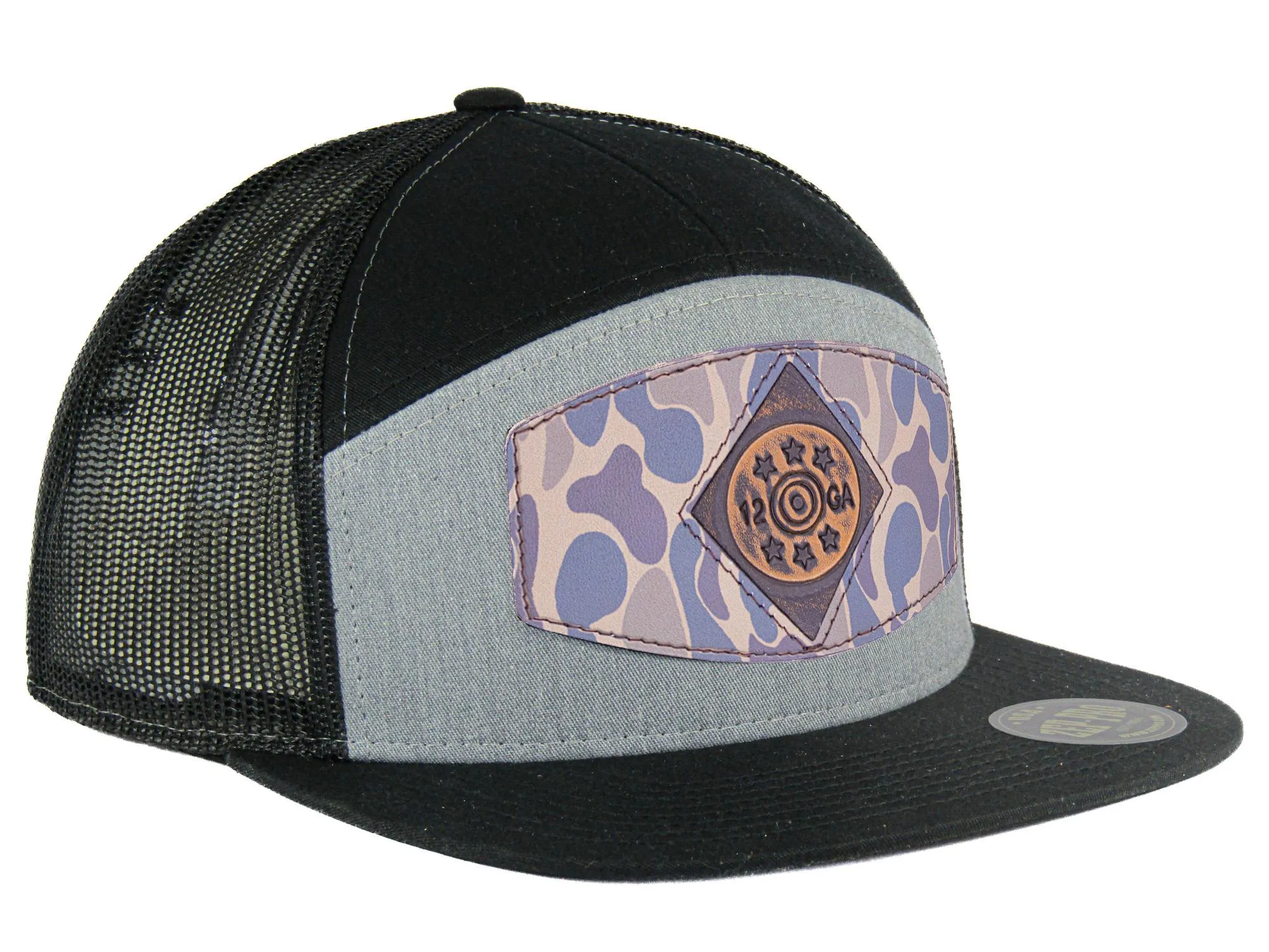 Shot Shell Old School Camo Brown Leather Patch Hat. 7-Panel Modern Flat Bill Cap. Richardson 168 Snapback Hat. Hand Burnished Leather Patch.