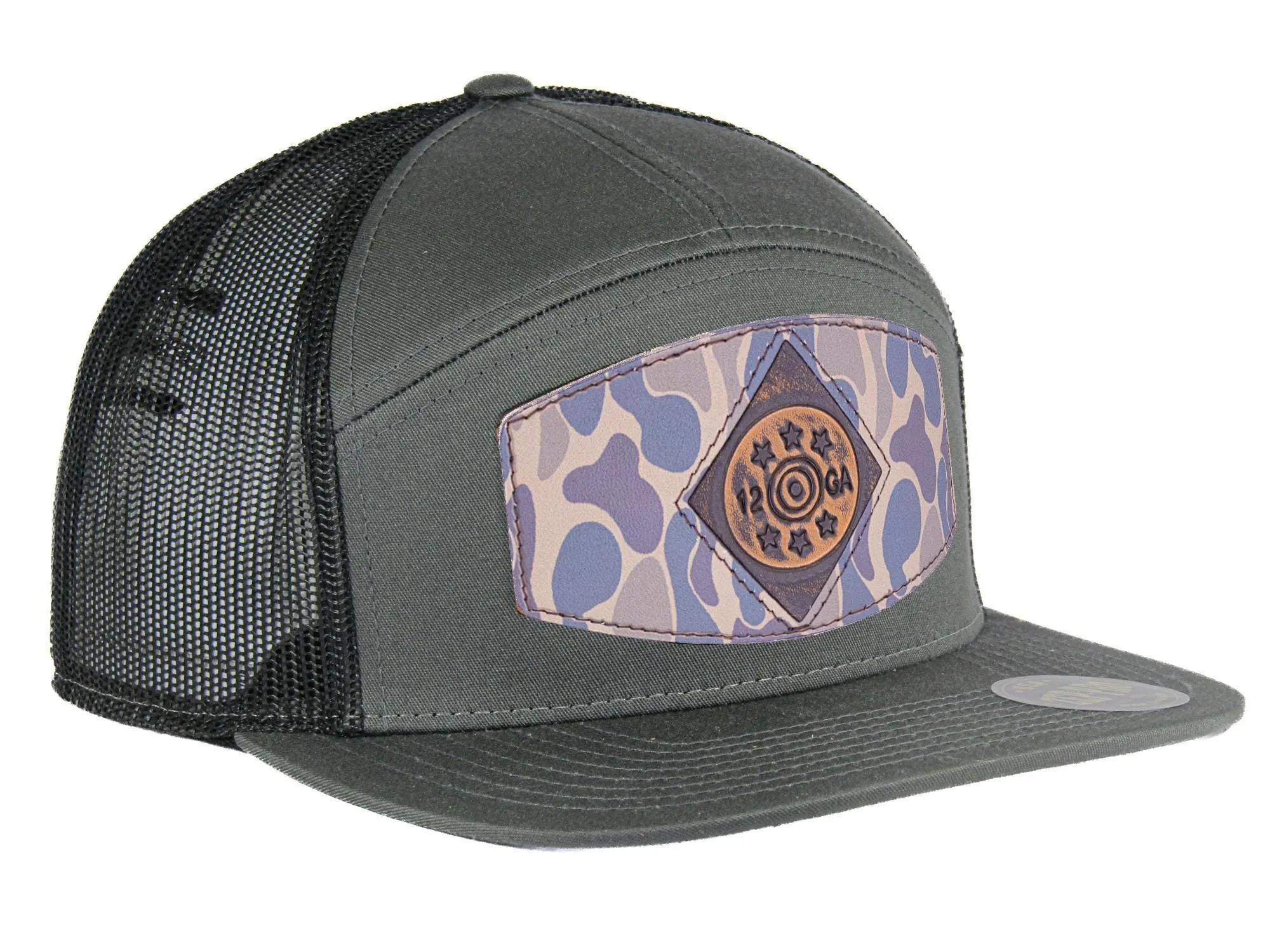 Shot Shell Old School Camo Brown Leather Patch Hat. 7-Panel Modern Flat Bill Cap. Richardson 168 Snapback Hat. Hand Burnished Leather Patch.