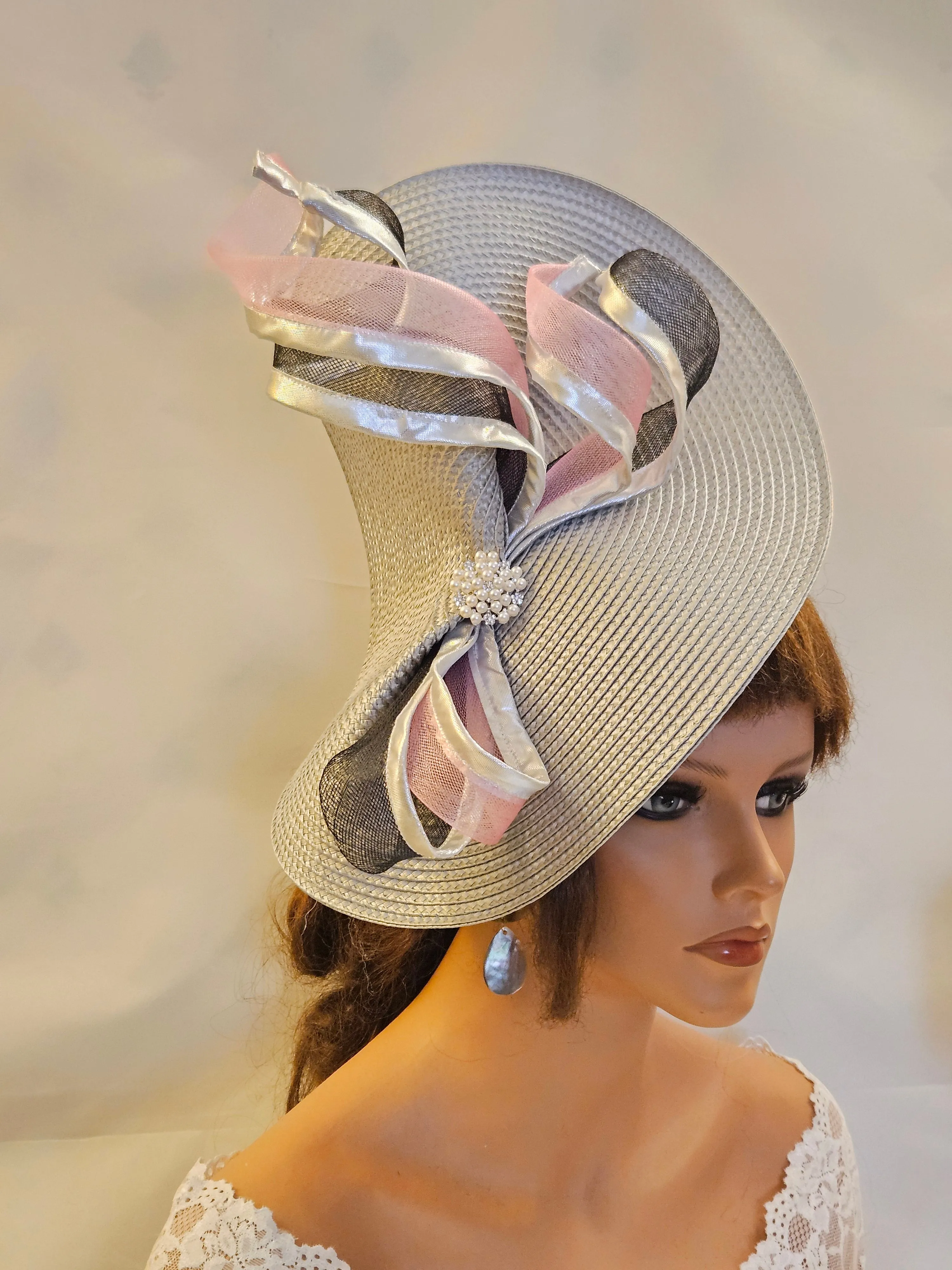 SILVER Grey fascinator hat with Black & Pink for Ascot, Cocktail party Wedding & Mother of the bride
