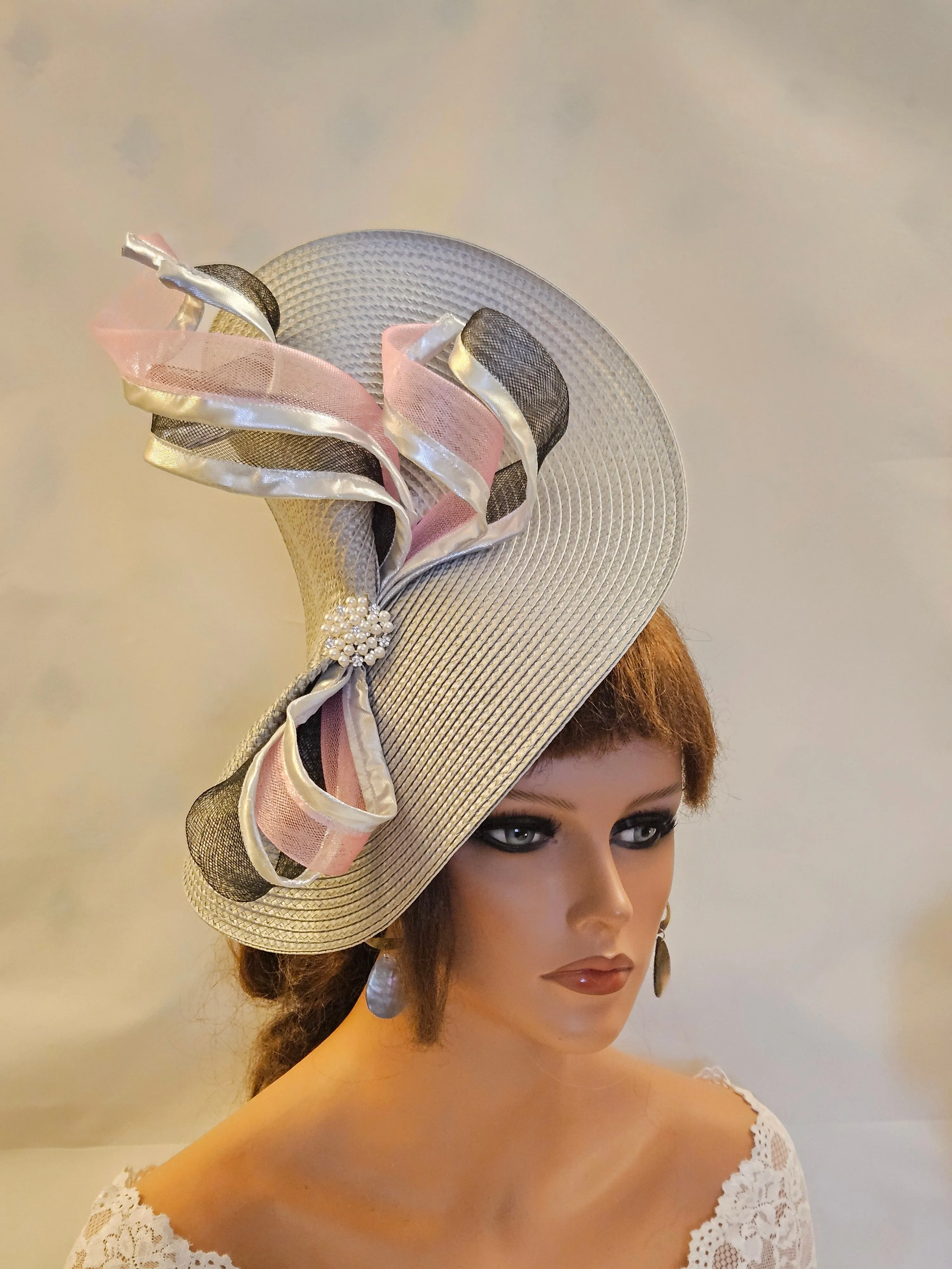 SILVER Grey fascinator hat with Black & Pink for Ascot, Cocktail party Wedding & Mother of the bride