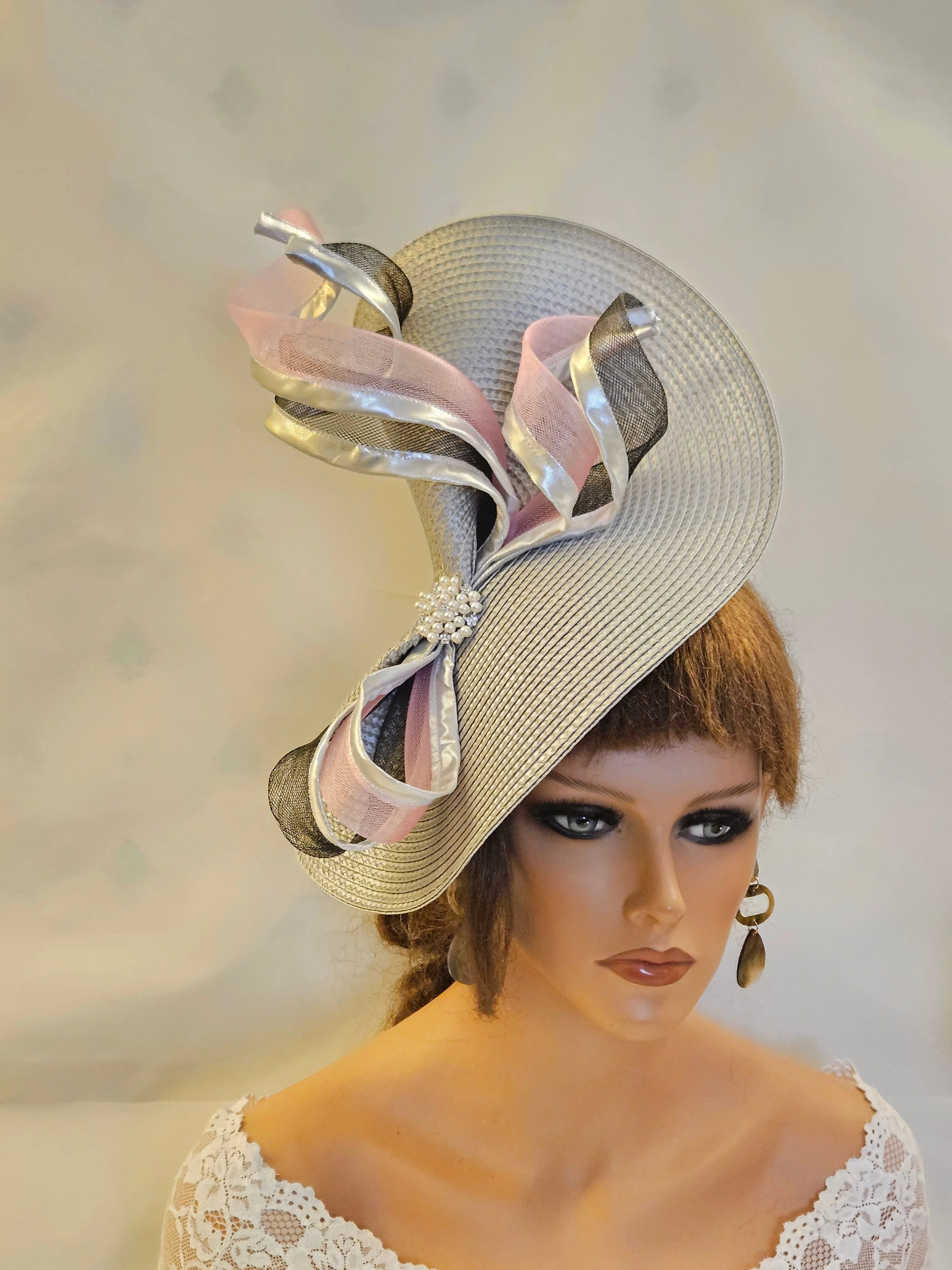 SILVER Grey fascinator hat with Black & Pink for Ascot, Cocktail party Wedding & Mother of the bride
