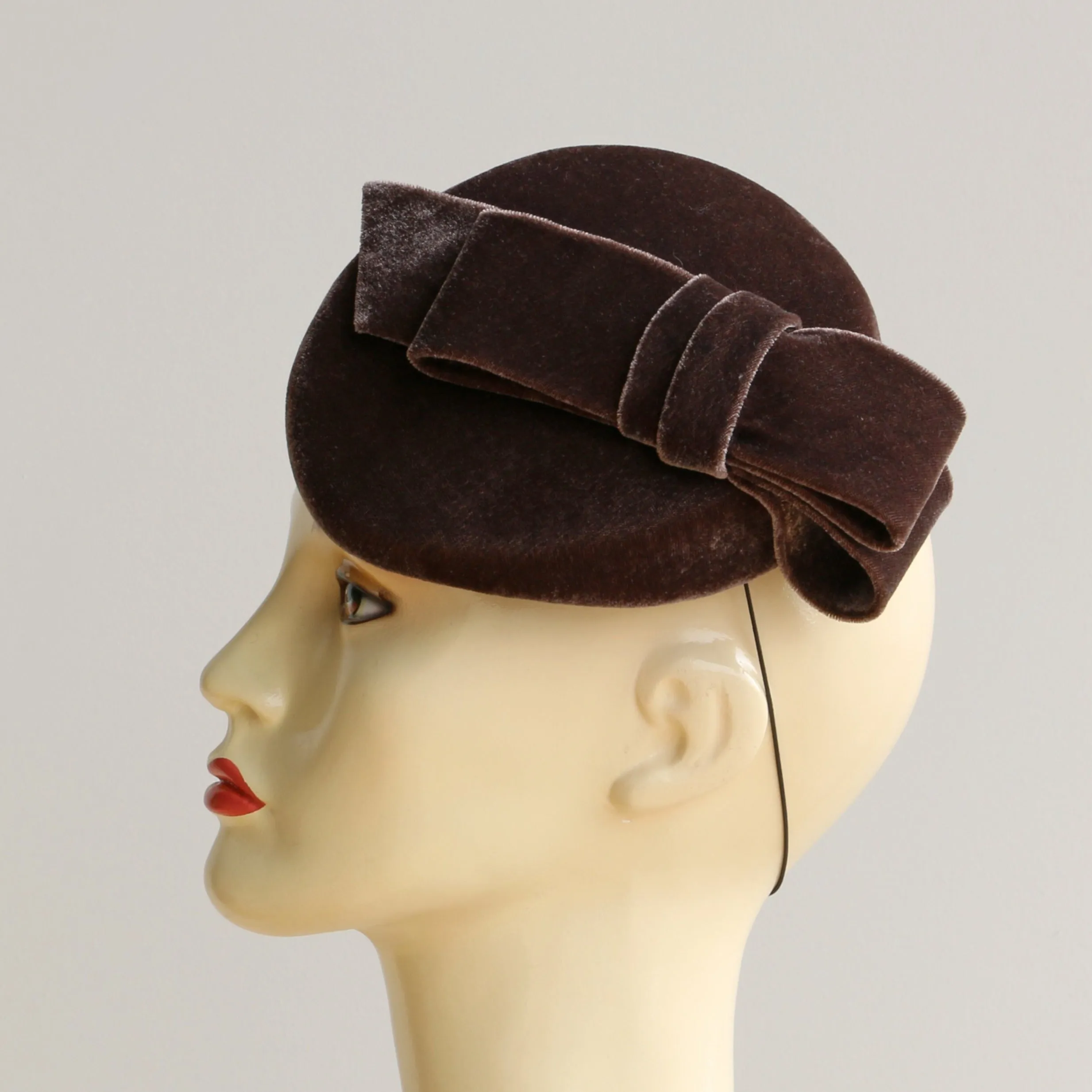 Small Velvet Pillbox Percher Hat with Bow detail