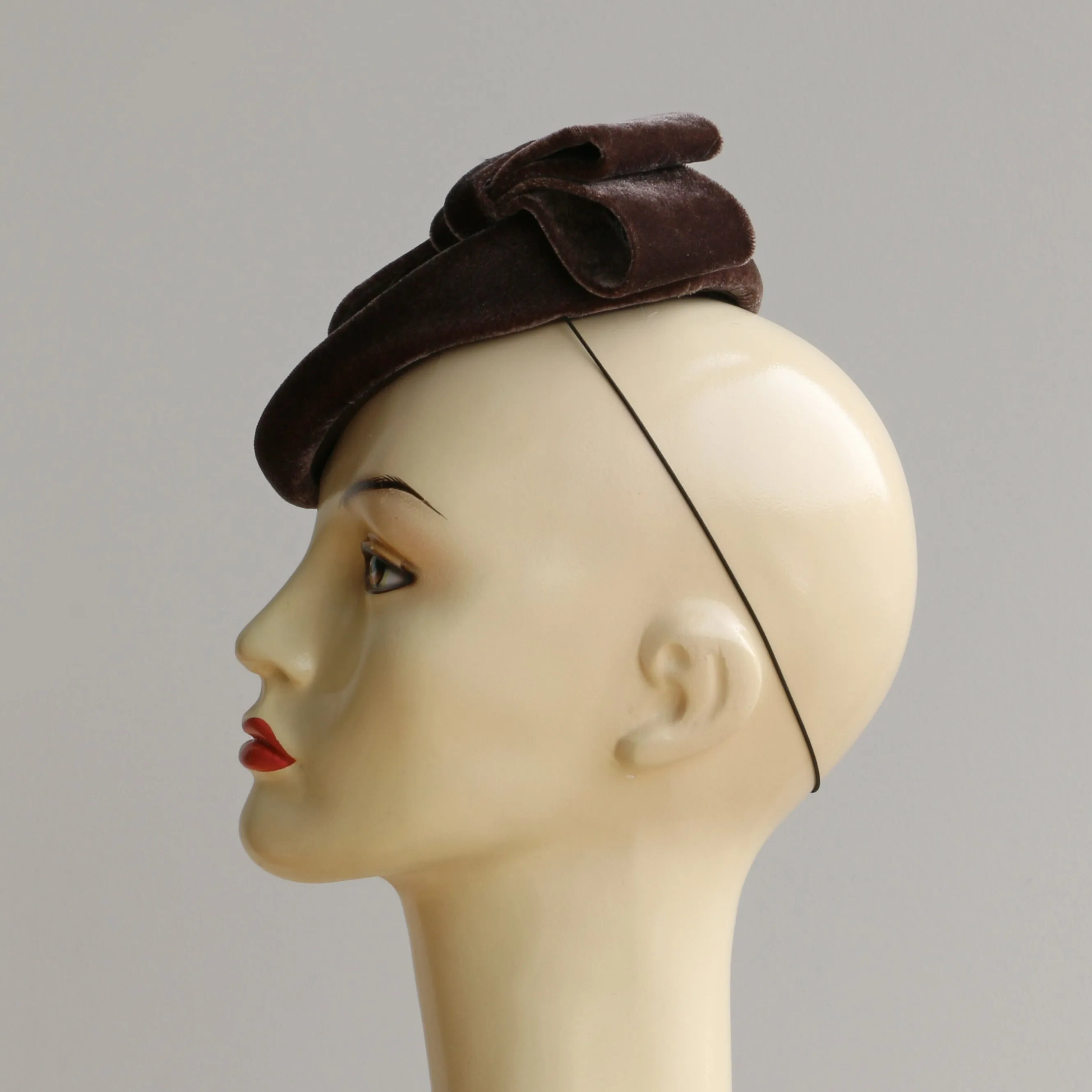 Small Velvet Pillbox Percher Hat with Bow detail