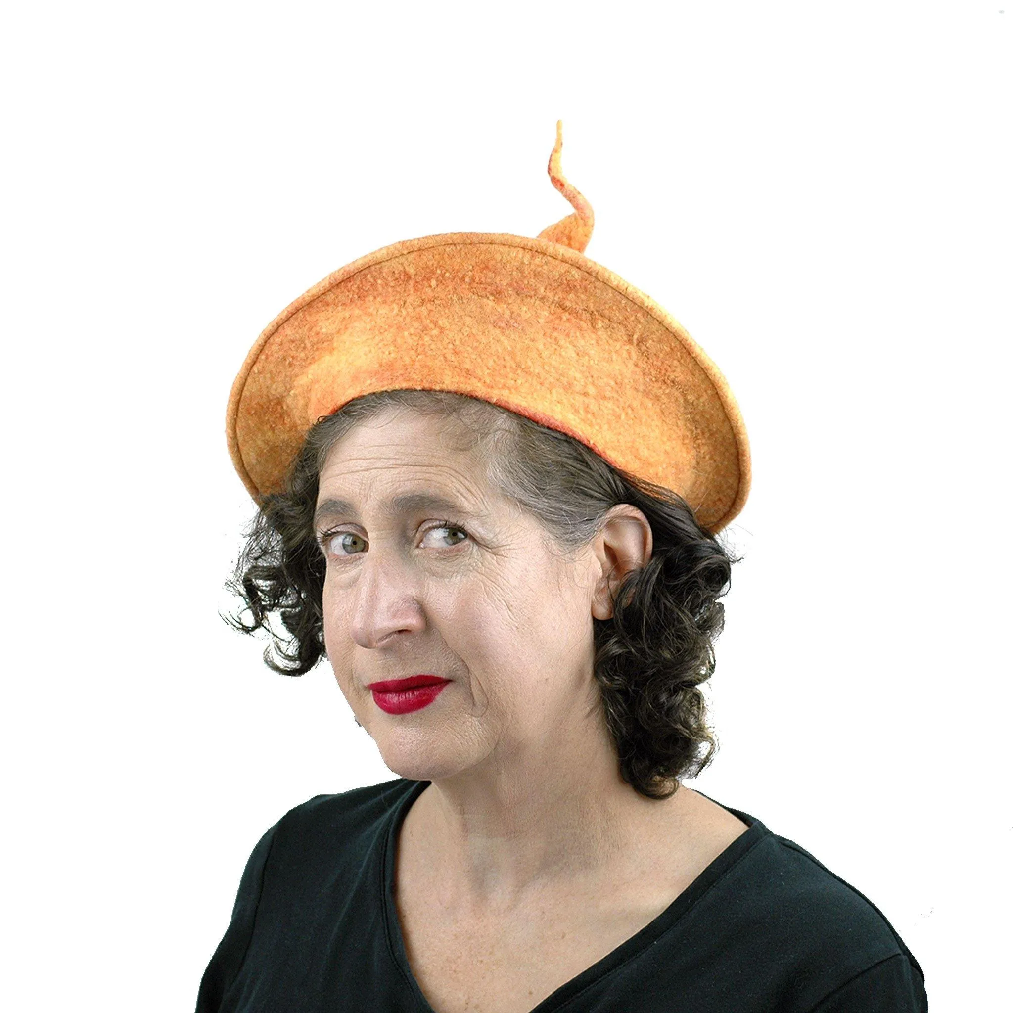 Tumeric Yellow Felted Beret with Sculptural Pod