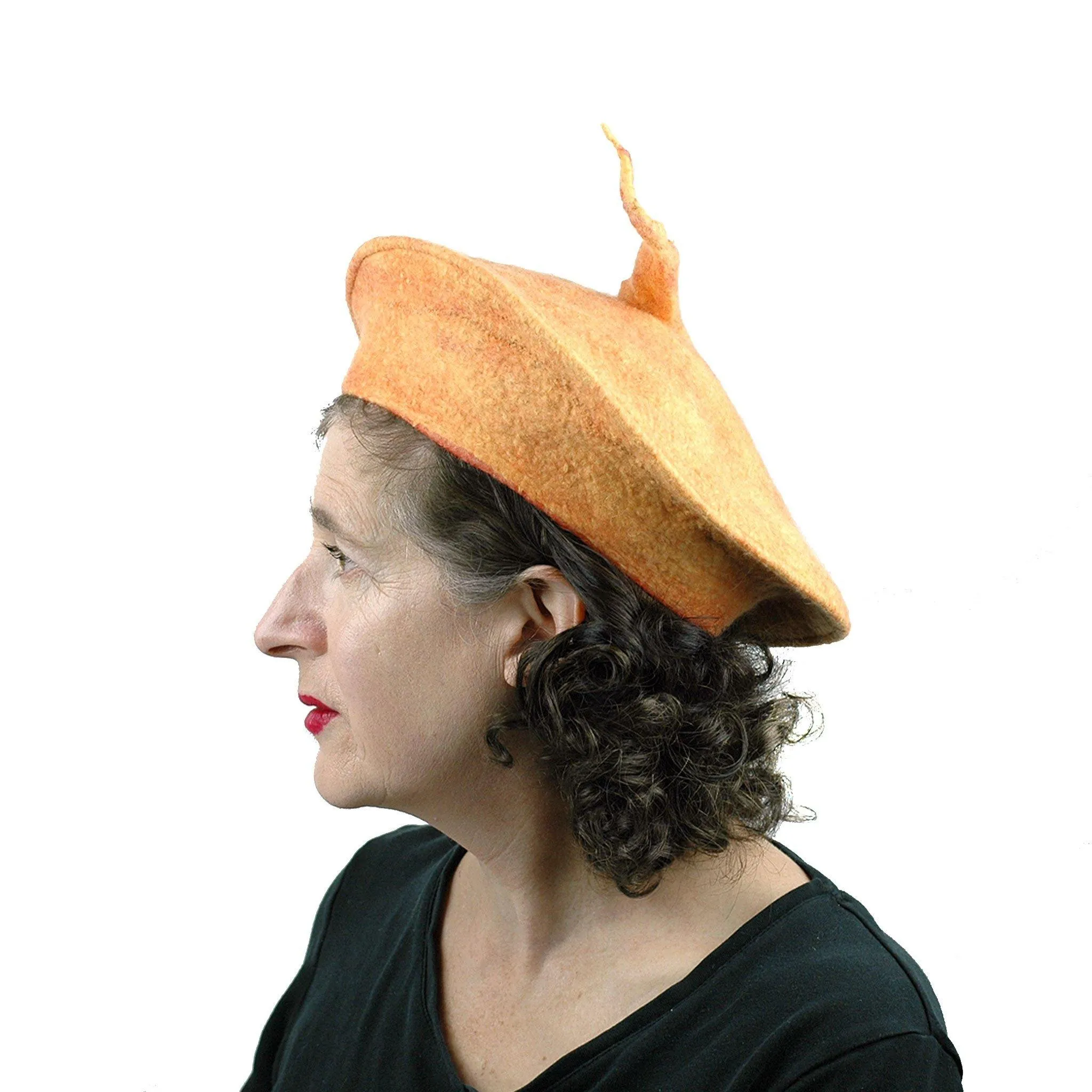 Tumeric Yellow Felted Beret with Sculptural Pod