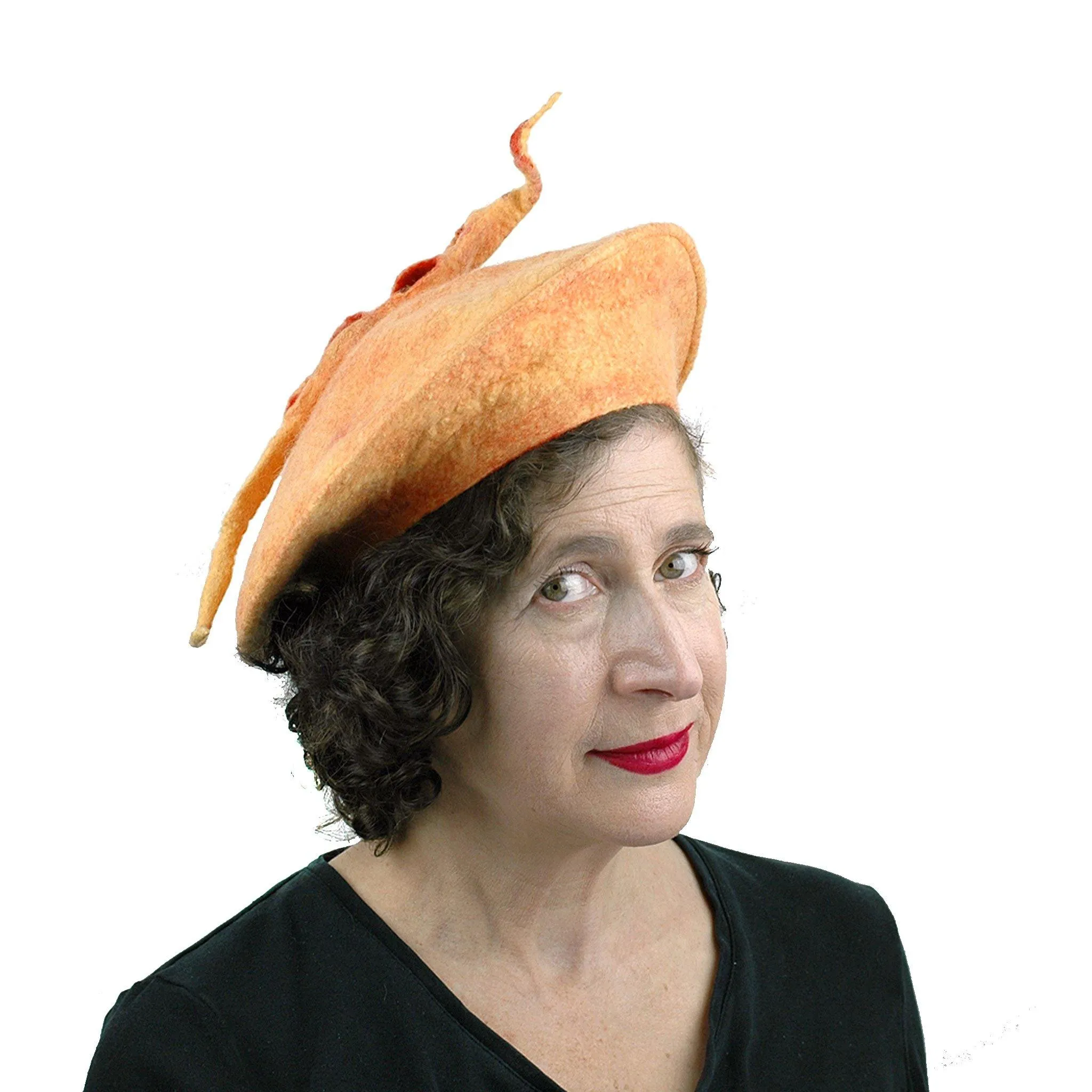 Tumeric Yellow Felted Beret with Sculptural Pod