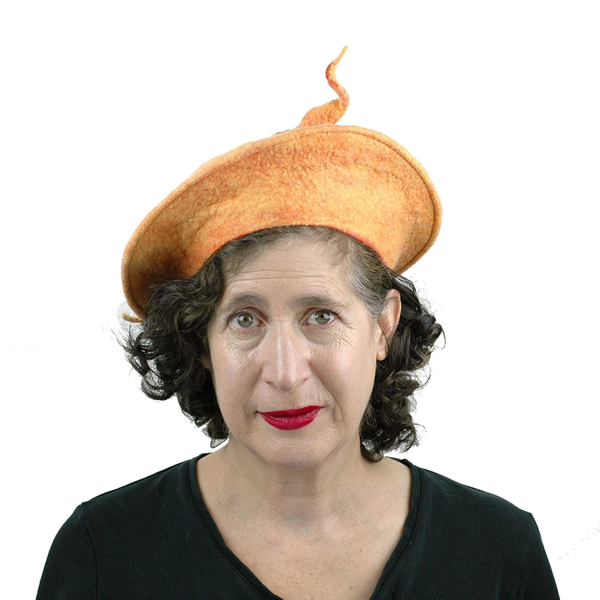 Tumeric Yellow Felted Beret with Sculptural Pod