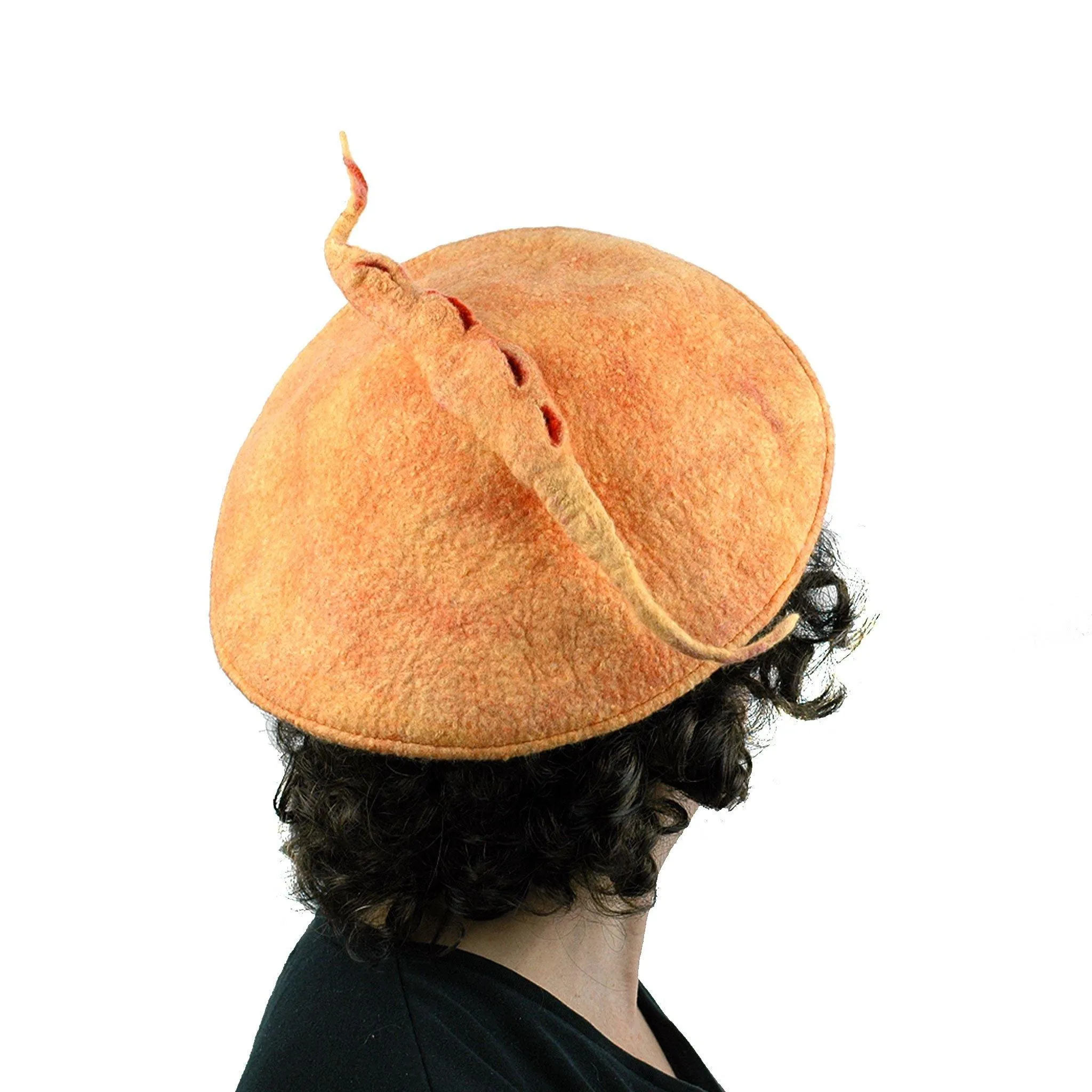 Tumeric Yellow Felted Beret with Sculptural Pod