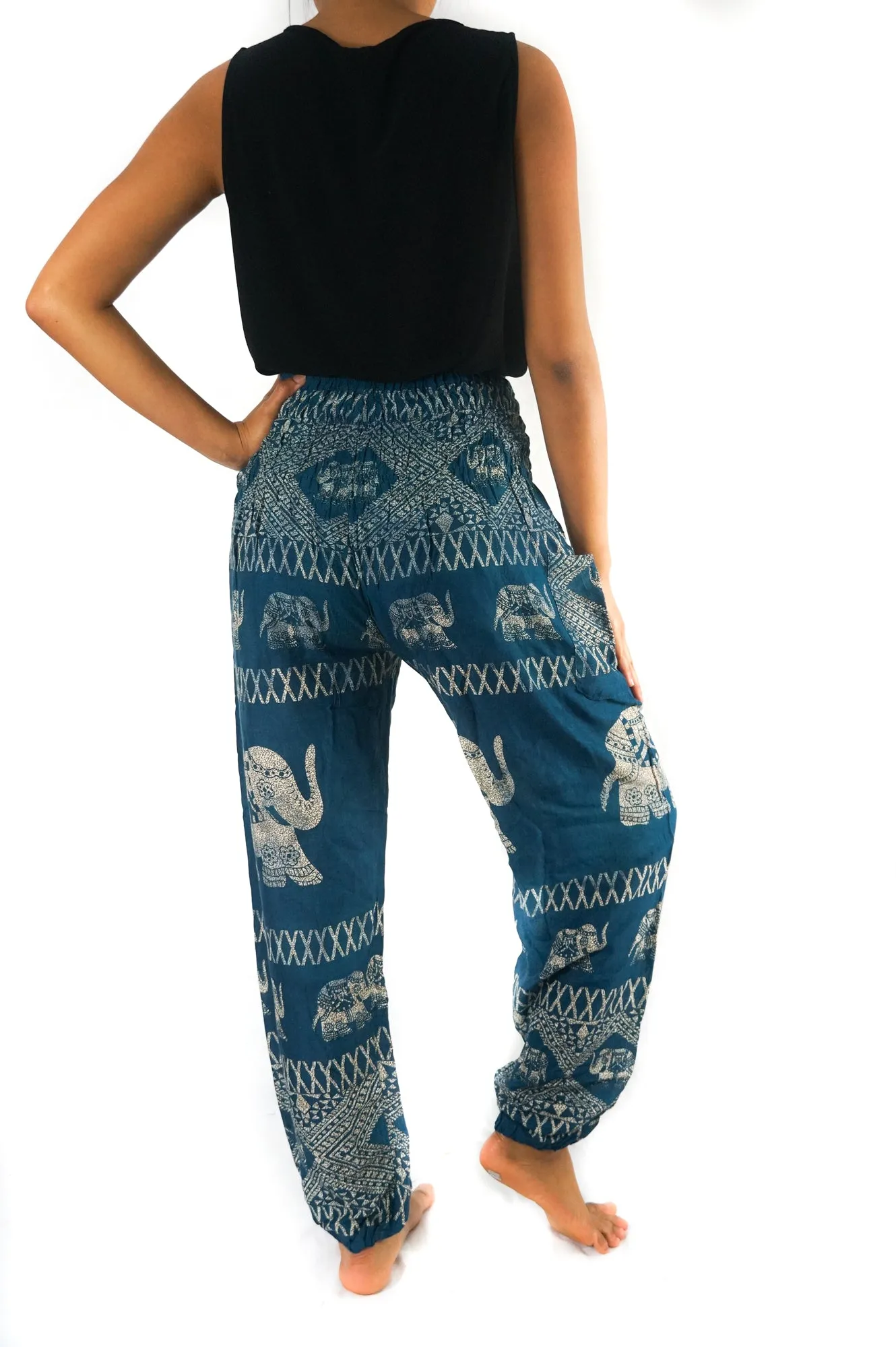Unisex Bohemian Elephant Coil Print Harem Pants- Teal