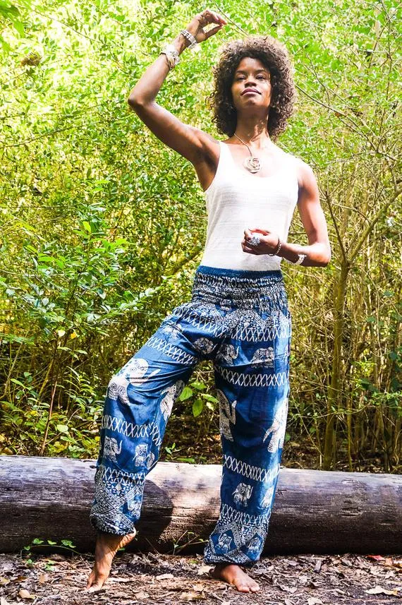 Unisex Bohemian Elephant Coil Print Harem Pants- Teal