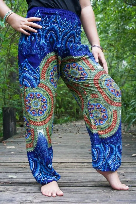 Unisex Bohemian Mandala Geometric Harem Pants- Blue/Green