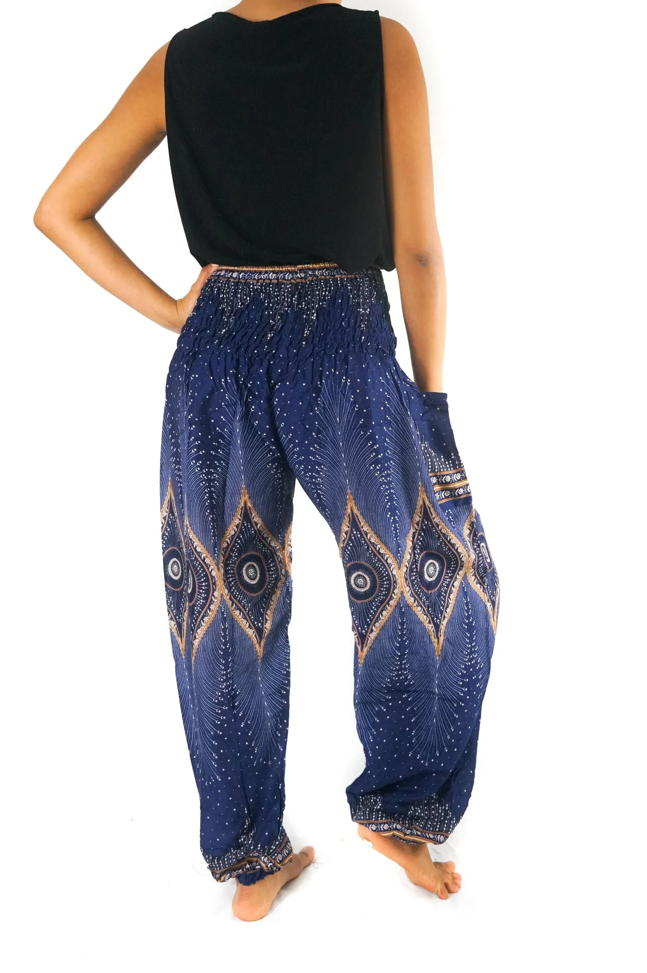 Unisex Bohemian Peacock Eye Harem Pants- Blue