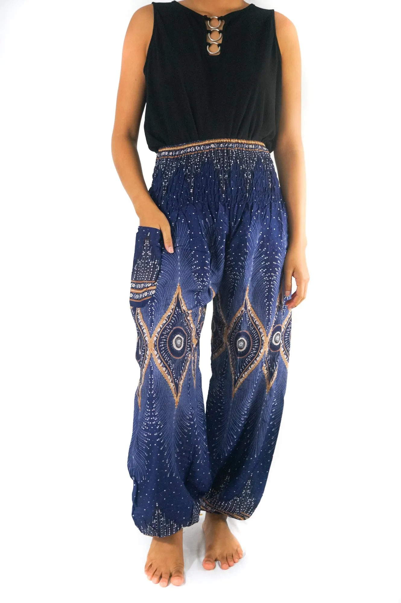 Unisex Bohemian Peacock Eye Harem Pants- Blue