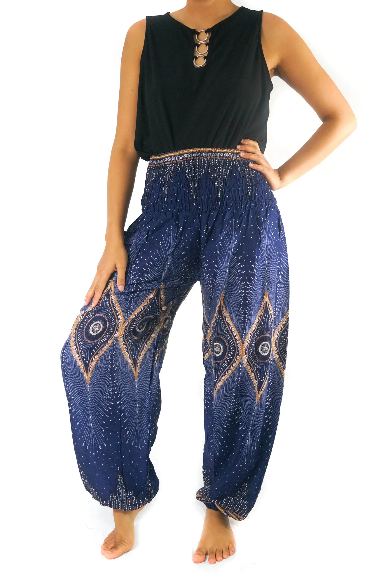 Unisex Bohemian Peacock Eye Harem Pants- Blue