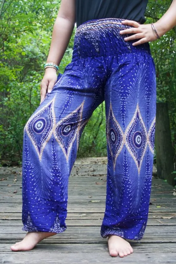 Unisex Bohemian Peacock Eye Harem Pants- Blue