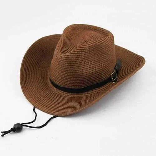 Unisex Straw Floppy Wide Brim Sun Hat Cowboy Cap Fedora Beach Belt Panama Hats With String