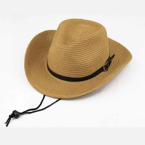 Unisex Straw Floppy Wide Brim Sun Hat Cowboy Cap Fedora Beach Belt Panama Hats With String