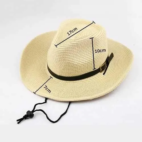 Unisex Straw Floppy Wide Brim Sun Hat Cowboy Cap Fedora Beach Belt Panama Hats With String