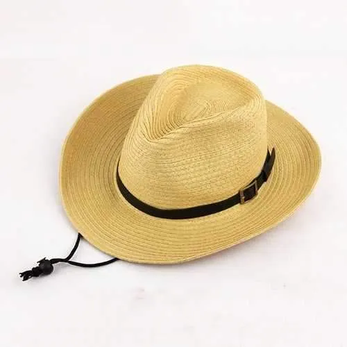 Unisex Straw Floppy Wide Brim Sun Hat Cowboy Cap Fedora Beach Belt Panama Hats With String