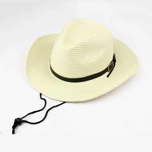 Unisex Straw Floppy Wide Brim Sun Hat Cowboy Cap Fedora Beach Belt Panama Hats With String