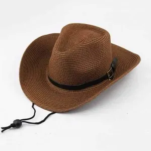 Unisex Straw Floppy Wide Brim Sun Hat Cowboy Cap Fedora Beach Belt Panama Hats With String
