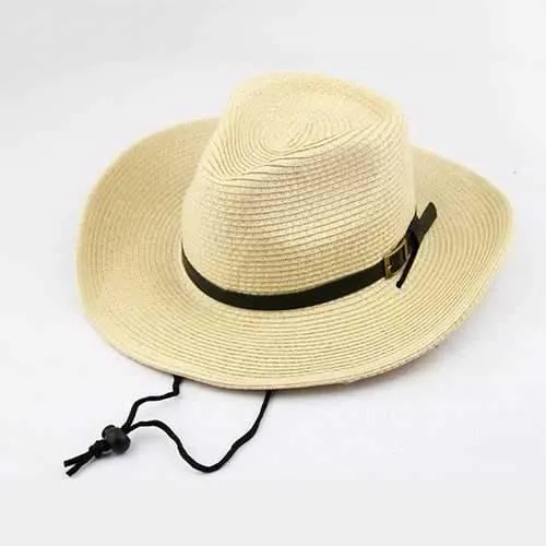 Unisex Straw Floppy Wide Brim Sun Hat Cowboy Cap Fedora Beach Belt Panama Hats With String