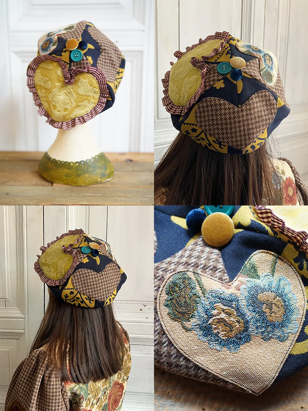 Unlogical Poem Illustration Print Patchwork Beret
