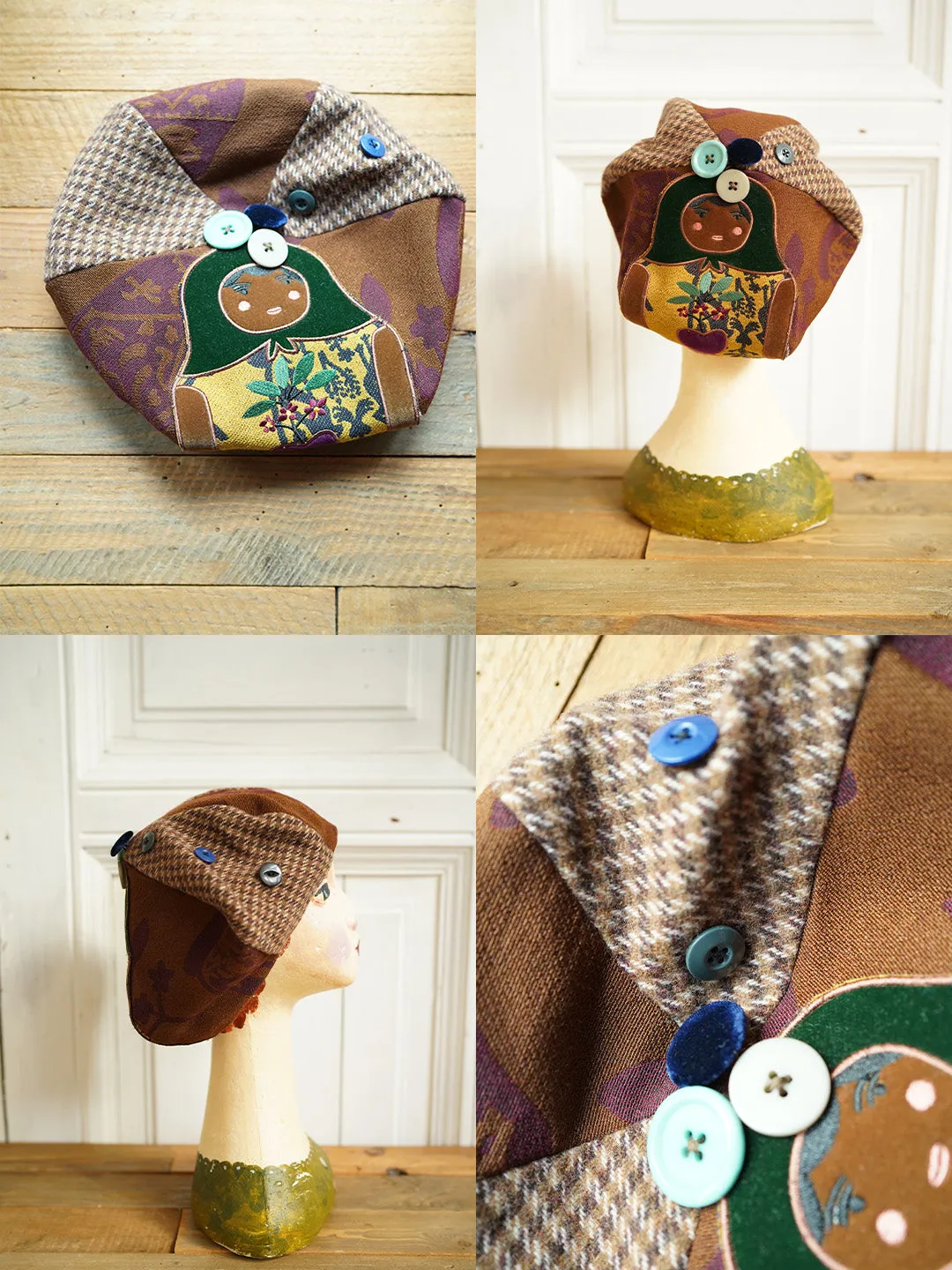 Unlogical Poem Illustration Print Patchwork Beret