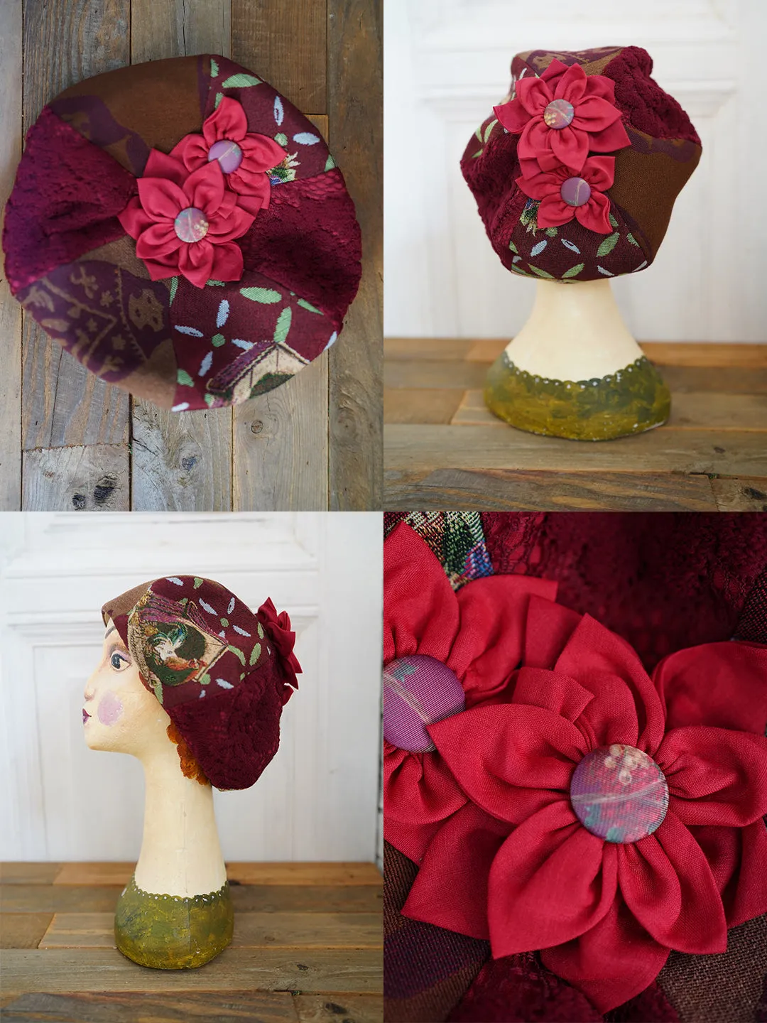 Unlogical Poem Illustration Print Patchwork Beret